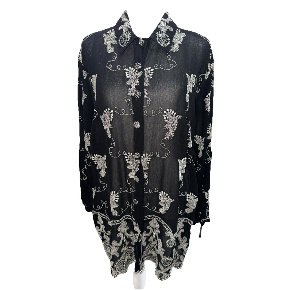 Ann Harvey Women's Black Embroidered Button Down Blouse Size 20